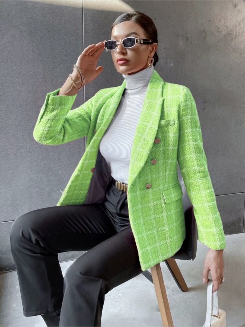 Women’s Lime Green Checked Double-Breasted Blazer